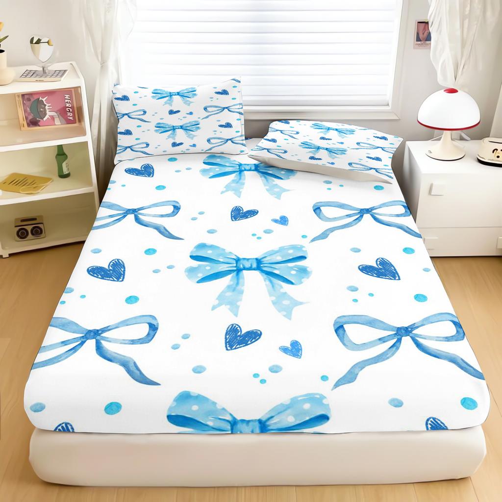 Romantic Bow Fitted Sheet Cute and Pillowcase, Pink 3D Bedding Set, 100% Microfibre, 135 x 200 cm, for Boys and Girls