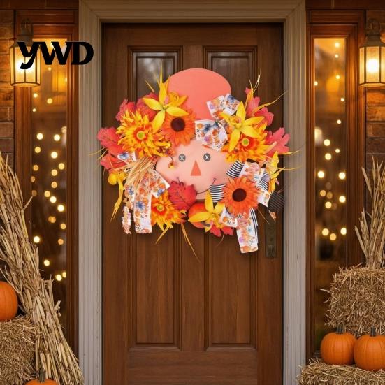 Decorative Harvest Party Supplies Artificial Autumn Scarecrow Wreath for Front Door, 15.7 Inch Sunflower Maple Leaf Indoor Outdoor Seasonal