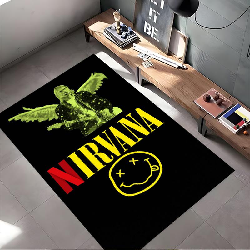Rock Music Area Rug, Nirvana Kurt Cobain Angel Wings Guitar Yellow Smiley Black Print, Man Cave Decor, Non-Slip Mat