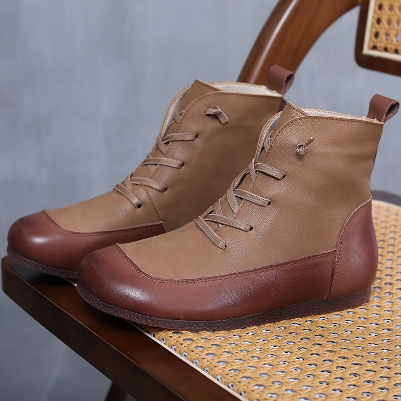 Женские сапоги из коровьей кожи с круглым носком в стиле ретро, осень/зима 2023 г. — теплые, с бархатной подкладкой, плоская подошва, размер XL