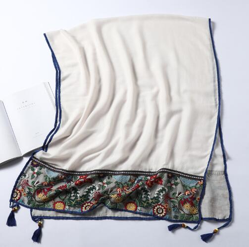 Vintage Cotton and Linen Scarves Solid Colors and All Matching Shawls Long Wood Bead Tassel Muslim Headscarf Embroidery Scarves