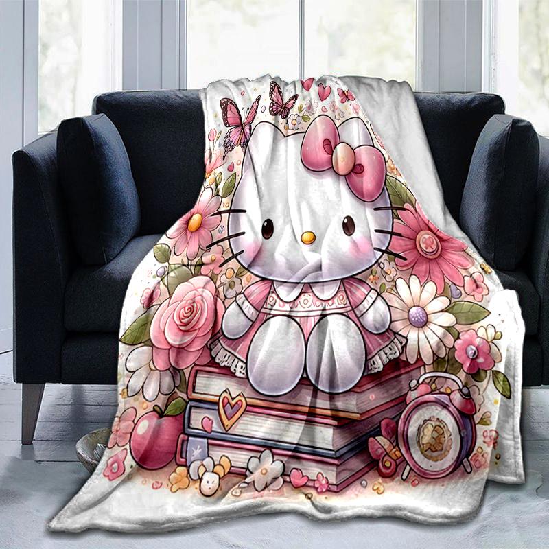 1pc Flowers Butterflies Hello Kitty Theme Blanket, Soft Throw for Home Decor, Perfect Gift for Family and Friend, Suitable for All Seasons, Ideal for