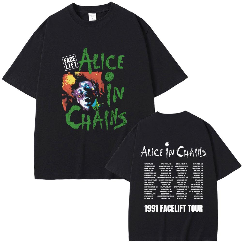 Rock Band Alice in Chains Face Lift Tour 1991 Tshirt Unisex Women Punk Casual Oversized Tshirt Tops Male Fashion Pure Cotton Tees