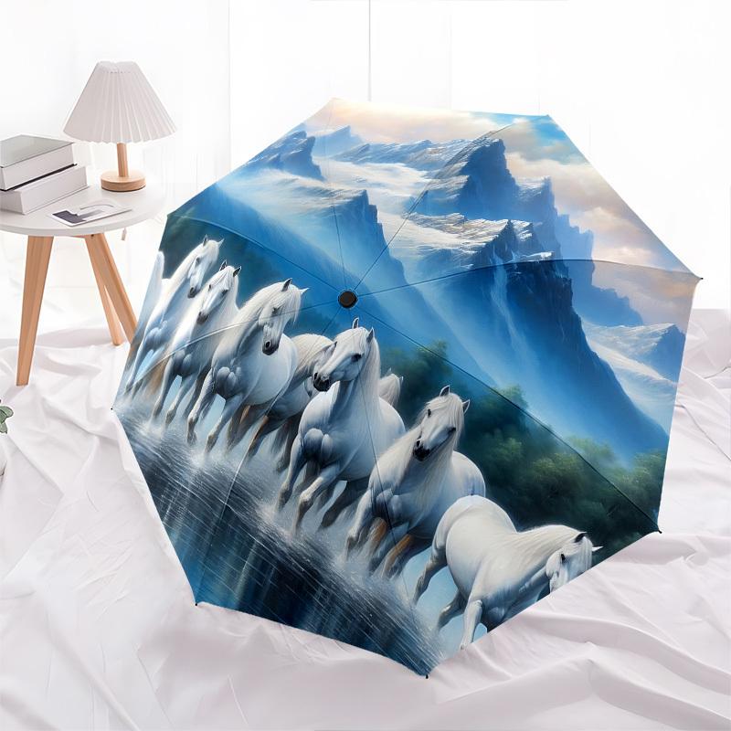 Horses,Mountain Range Automatic Folding Umbrella Compact 8 rib Design,Unique Style,Suitable for Everyday Outdoor Use,Perfect Gift for
