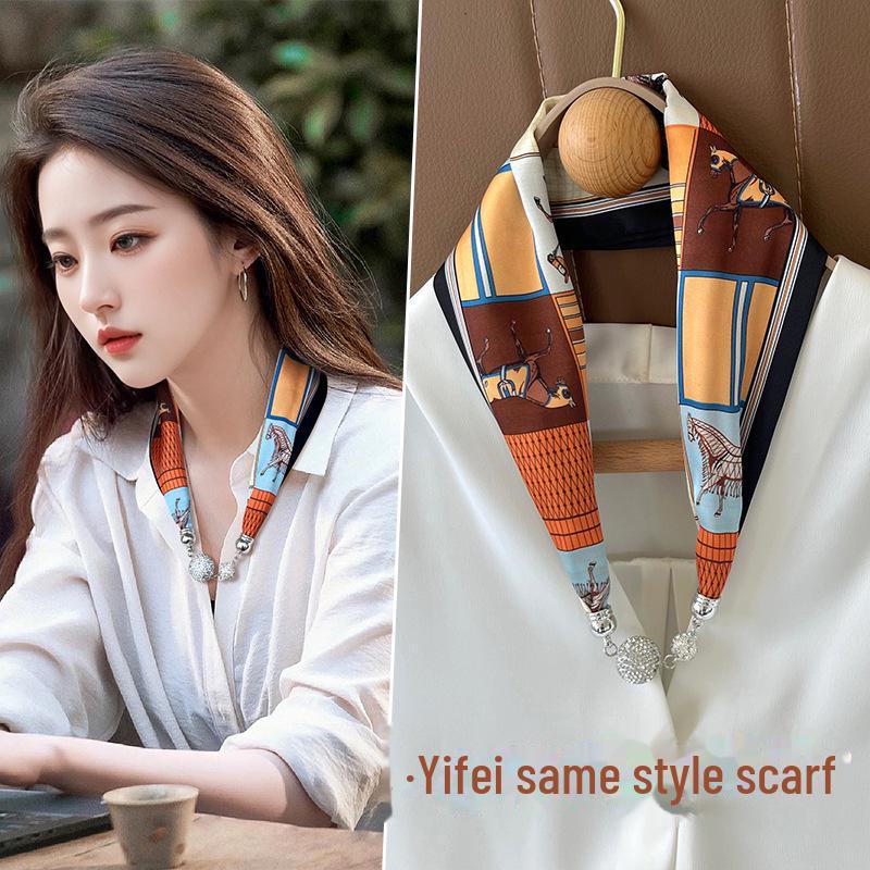 Женский шелковый шарф с магнитной пряжкой — модная защита шеи на весну, лето и осень 2024 года
