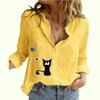 Women Fashion Buttoned Shirt Spring&summer Thin Cotton Linen Top Casual Cat Print Long Sleeved Blouse