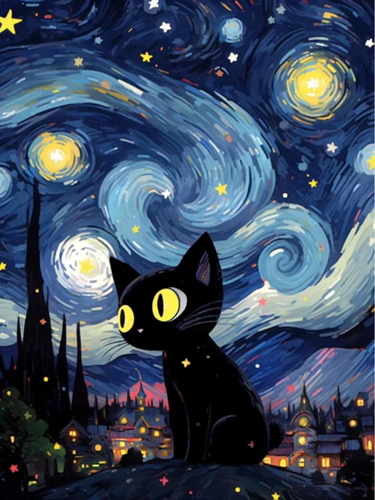 Абстрактное Звездное Небо и Черный Кот Постеры и Принт Холст Живопись Настенное Искусство Картины Для Гостиной Дома Фреска Украшение Подарок