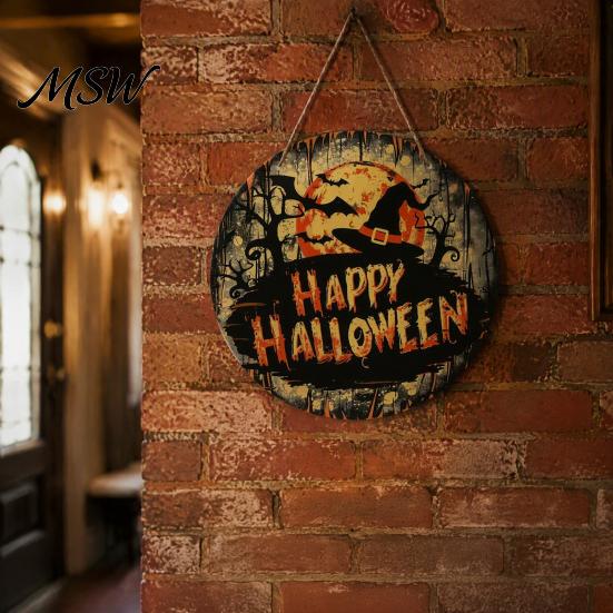 Autumn Porch Wall Decoration Halloween Witch Hanging Sign, 8" Round Wooden Door Forest Rustic Holiday Plaque Witches Sign for Home Front Seasonal Art