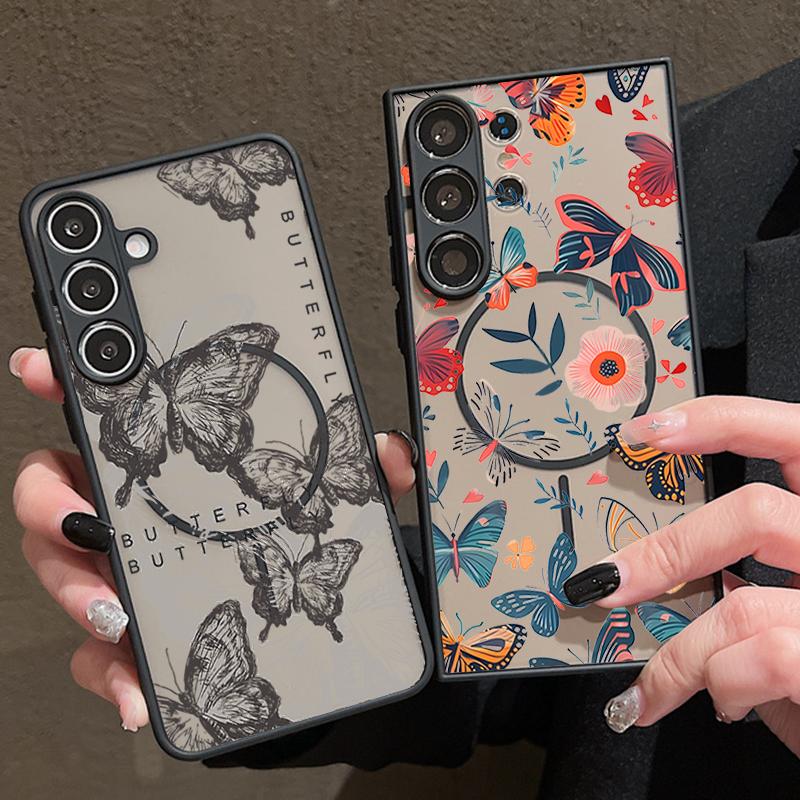 Креативный чехол с узором «Цветы и бабочки» для Samsung Galaxy S26 Ultra S25 Edge S24 Plus S23 S22 S21 FE, магнитный, для Magsafe, матовая крышка