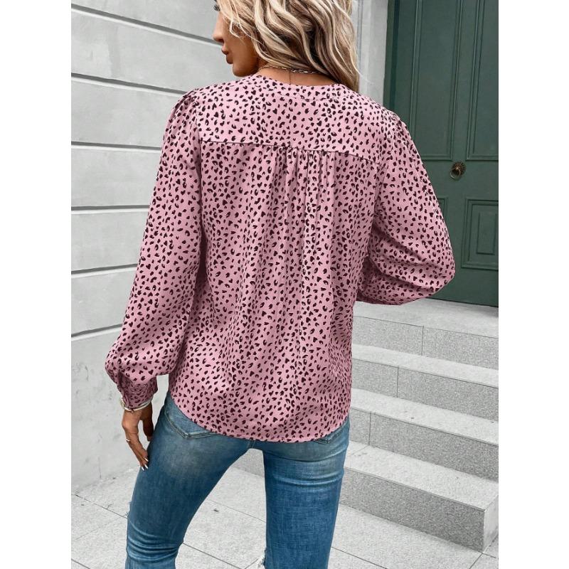 Women's Fashion Casual Spring Fall Polka Dot Print Long Sleeve V-Neck Blouses & Shirts