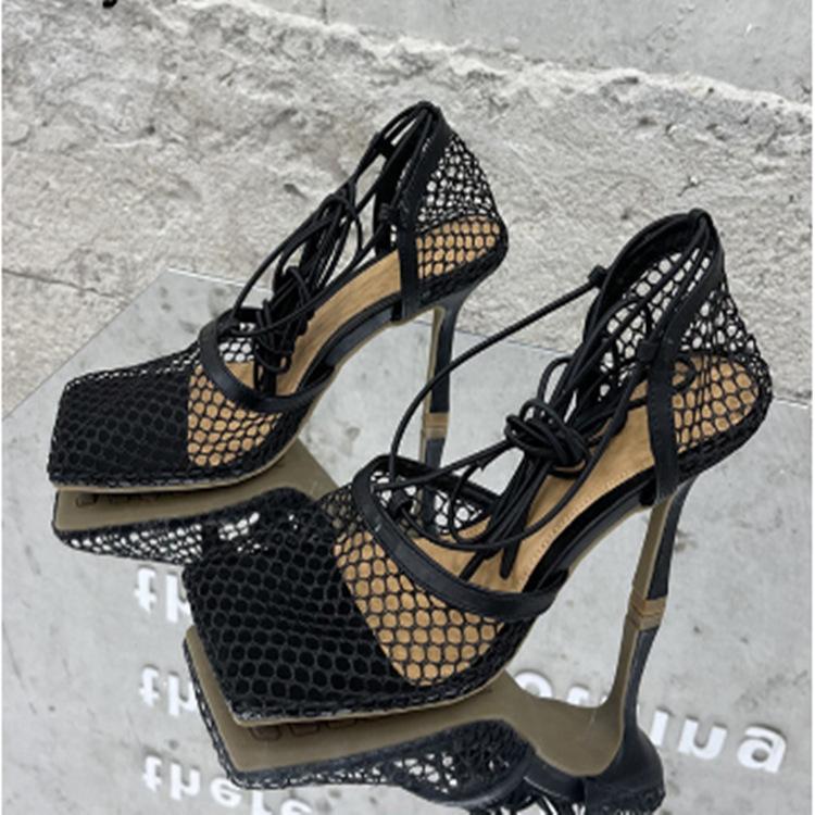 Women High Heels Mesh Sandals Pumps 2025 Summer Sexy Strappy Hollow Roman Shoes New Open Toe Sandals Size 35-43 Sandalias Mujer