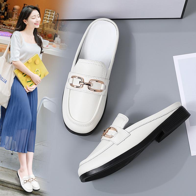 Fashion Fashion  Metal Buckle Summer Women New Style Edition Slippers With Thick Heels Thin Section Baotou Half Slippers 2024