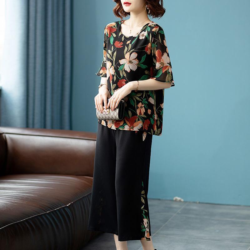 Летняя женская модная одежда с принтом, брюки с широкими штанинами, 2 предмета, женский комплект с коротким рукавом, брюки, корейский женский шифоновый костюм-двойка