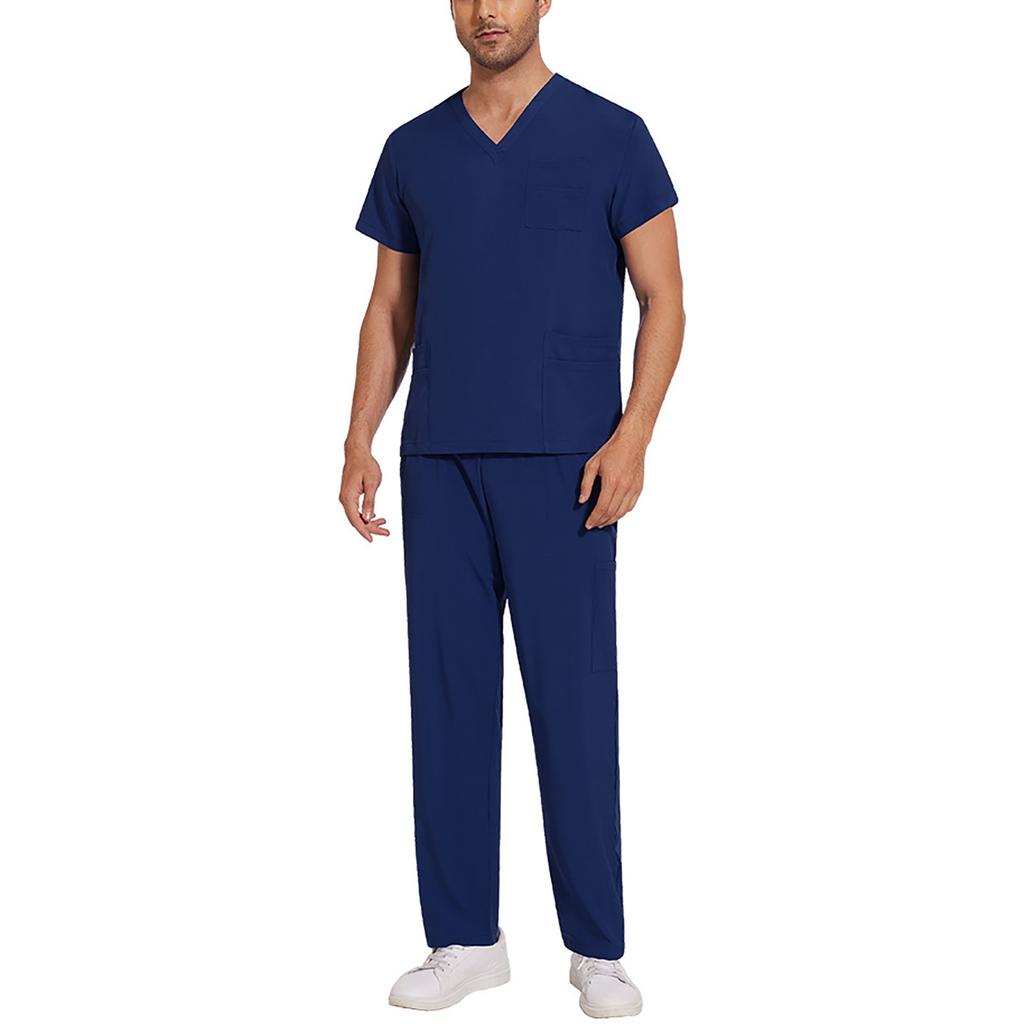 Soild Scrub Working Uniform Suit For Men's Cross V-Neck Short Sleeve Fun T-Shirts Workwear Tee With Pockets