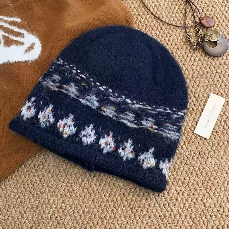 Women S Vintage Fair Isle Knit Beanie Oversized Roll Edge Winter Warm Hat