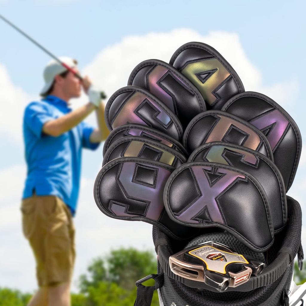 Set of 10 Golf Iron Magnetic Wedge and Club Headcovers with Gradient Numbers and Black Synthetic Leather Covers, Covers, (4-9, P, A, S, X)