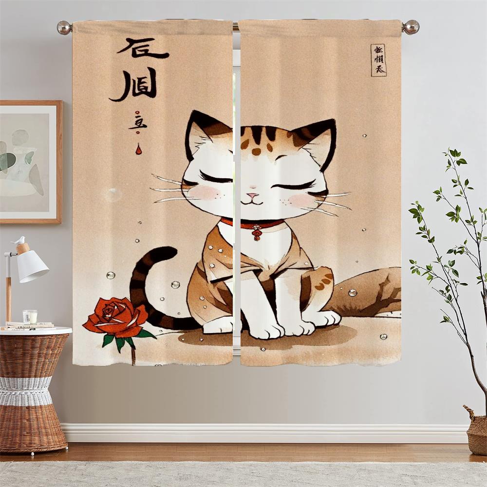 Shade Curtain for Living Room Cute Cat In Sand Painting Style Blinds Kitchen Curtains 2 Pieces Window Curtains Home Partition