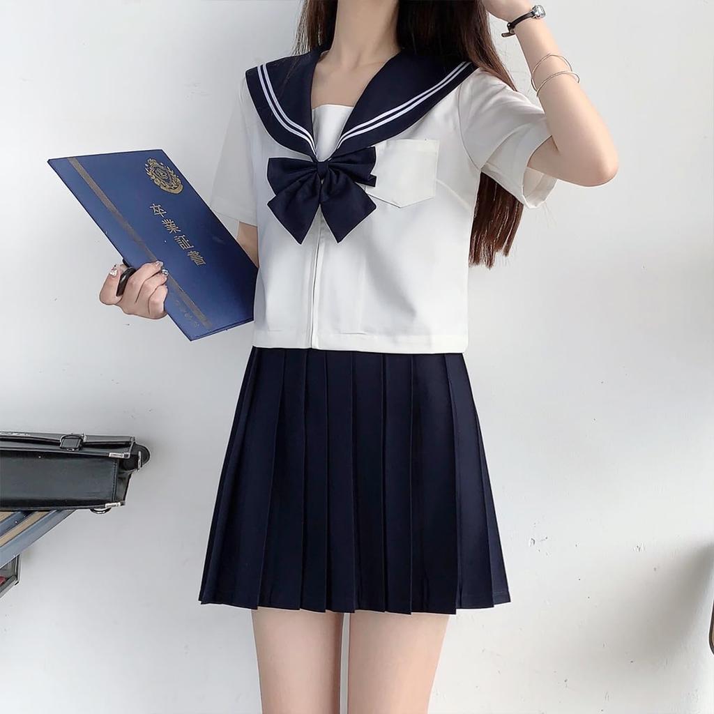 Sailor Navy Long Short High School Bow JK Top and Bottom School School Graduation Welcoming and Farewell Large Cute Sleeve [GSYCL] Uniform, Blue,