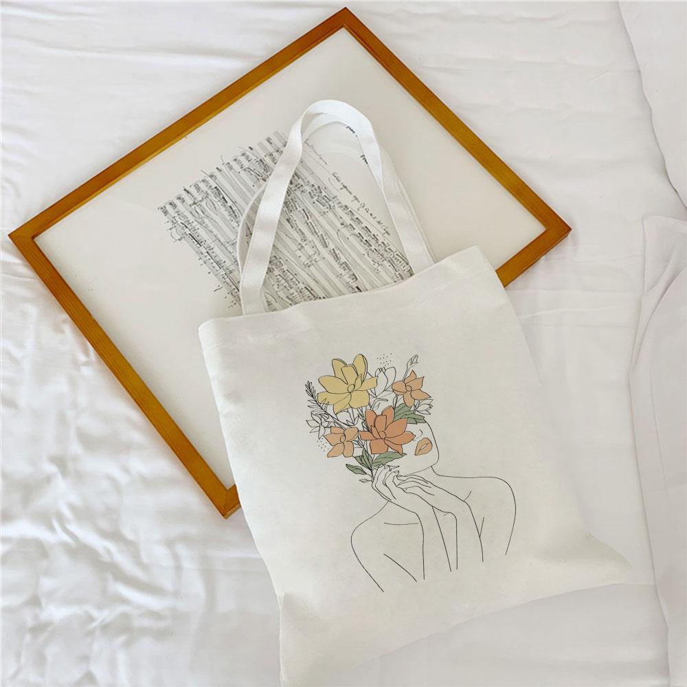 2022 Ea Ulzzang Abstract Bouquet Female Shopping Canvas Tote Casual Large-capacity Women Bag Harajuku Ins Chic Shoulder Bags
