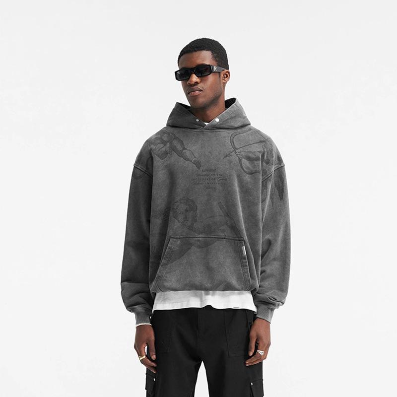 EastRogue Толстовка свободного кроя с принтом ангела Купидона, уличная, вываренная и состаренная, из чистого хлопка, для мужчин и женщин