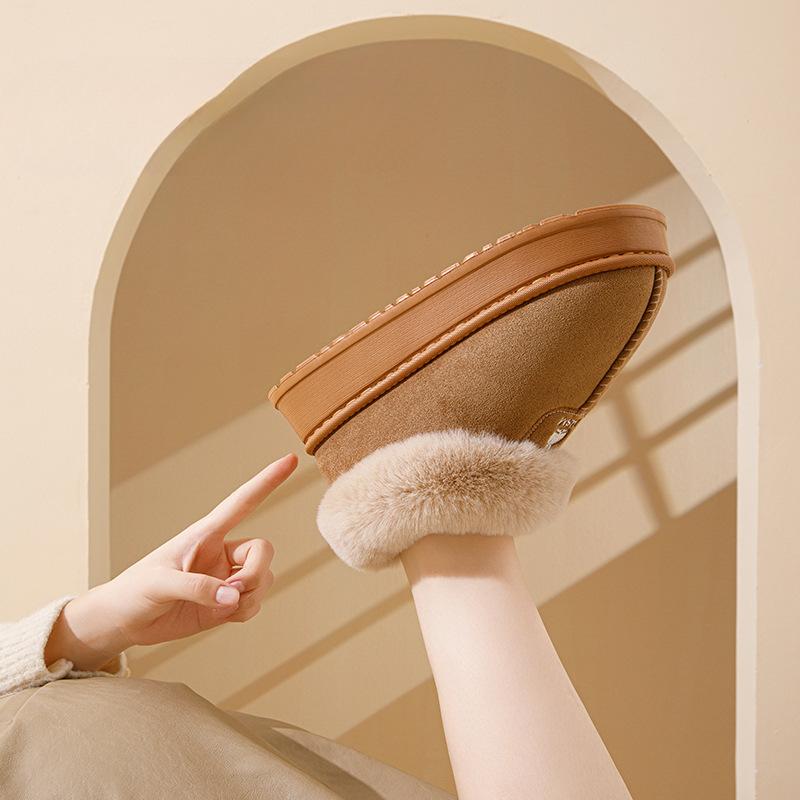 Женские зимние тапочки из хлопка с каблуком-мешком, высокие зимние сапоги из плюша с интегрированным мехом и теплая домашняя хлопковая обувь