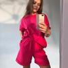 Summer 100% Cotton Sets Women Casual Two Pieces T Shirts and Elastic Waist Shorts Pants Loose Soft Rose Red Tracksuit