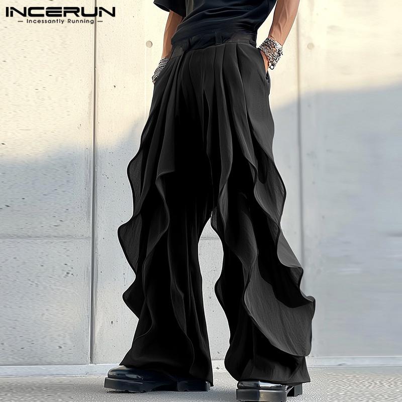 INCERUN Men High Waist Ruffled Layers Trousers Zipper Up Casual Long Pants