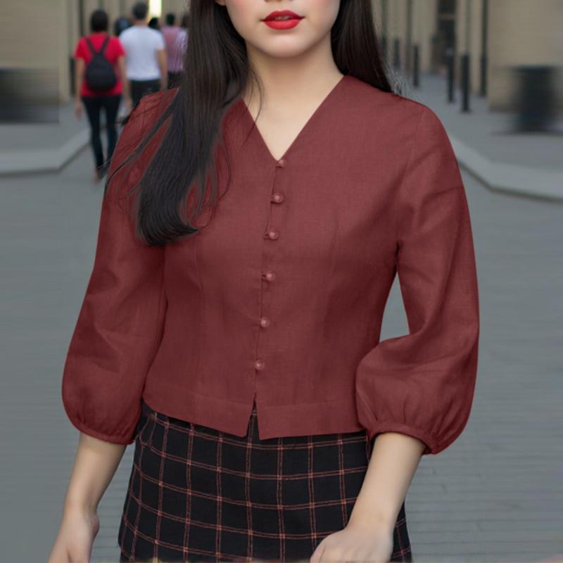 ZANZEA Женская повседневная блузка свободного кроя с V-образным вырезом и рукавом 3/4