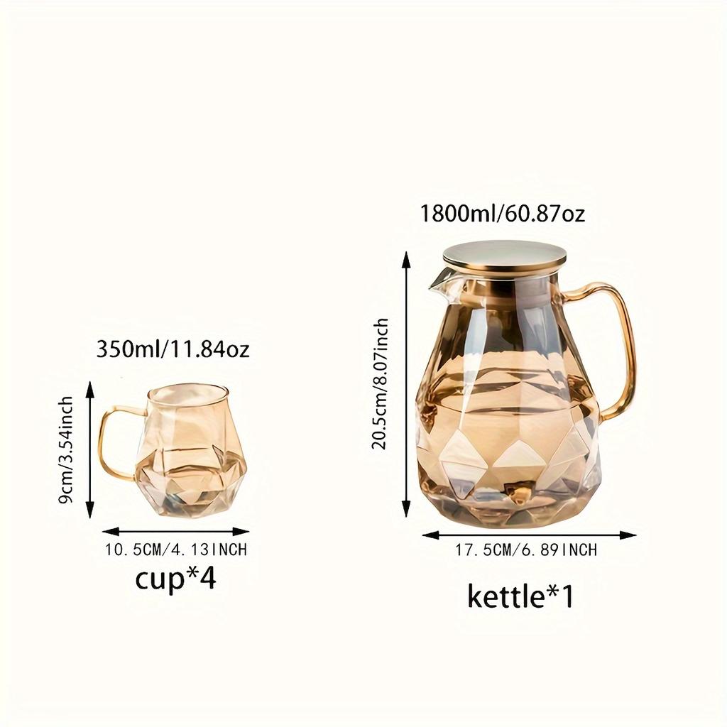 Set 1pc 60.87oz Glass Pitcher And 4pcs 11.83oz Glass Cups Heat Resistant Heavy Duty Drink Pitcher Clear Water Glass For Coffee Juice Tea Milk And More