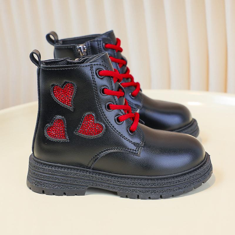 Девочки ботинки Мартин 2025 осень и зима новые британский стиль детские короткие ботинки любовь принцесса кожаные ботинки девочки бархатные хлопковые ботинки