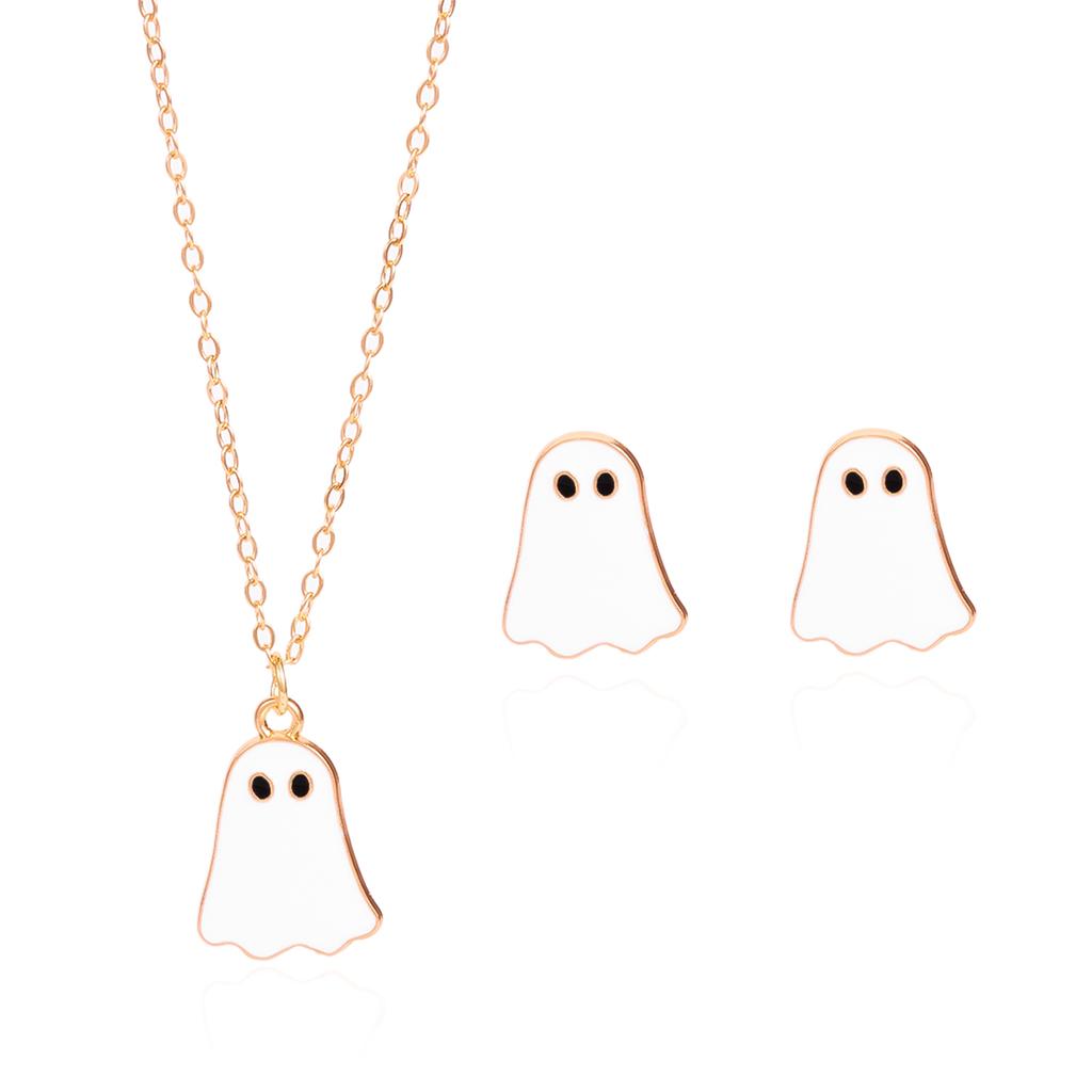 Halloween Spooky Chic Women's Jewelry Set White Ghost Earrings Necklace Cute Boo Accessory for Girls' Costume Party Gift
