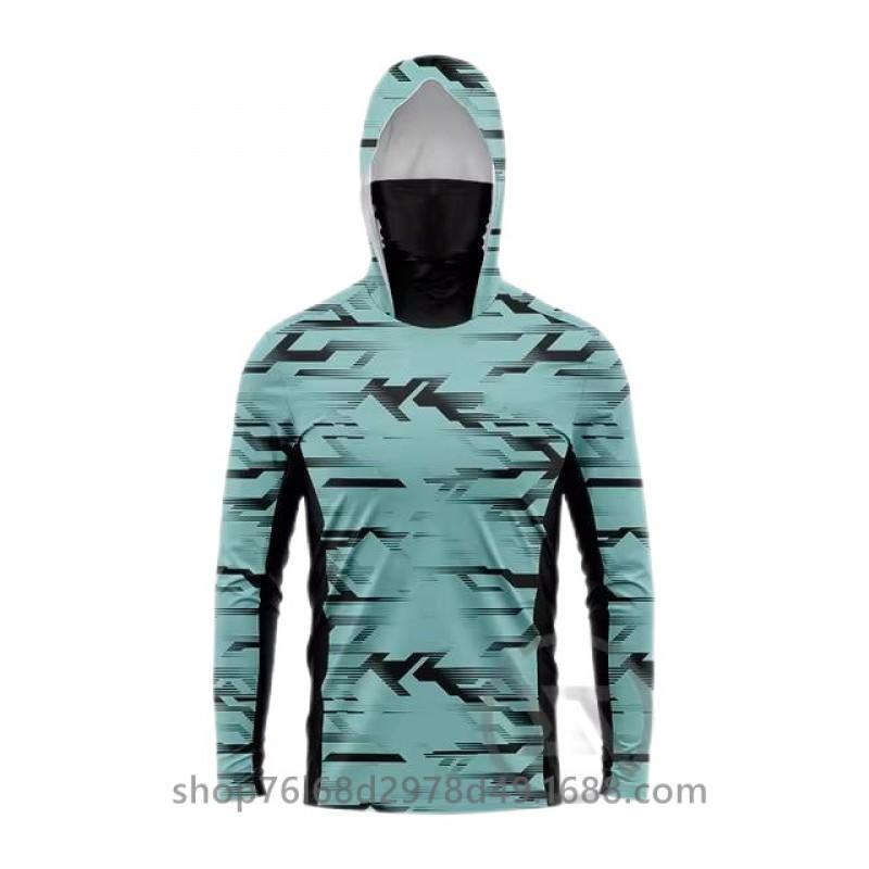 Mens Quick-Dry Ice Silk Long Sleeve Fishing Shirt With Hood Integrated Face Cover Camo Outdoor Performance Top