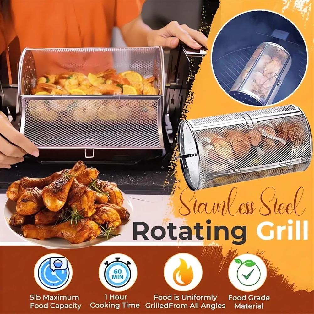Stainless Steel Rotating Chicken Wing Basket with Automatic Rewind 360° Rotating BBQ Basket Outdoor BBQ Basket Set Gift