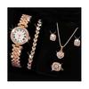 5 шт./компл., женский роскошный комплект ювелирных изделий с блестящими стразами, круглый циферблат, кварцевые часы, очаровательное ожерелье, серьги-гвоздики, комплект колец на палец