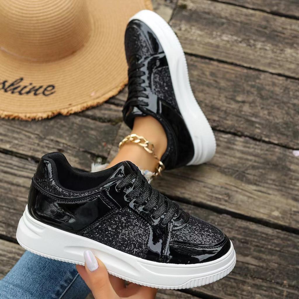 Sequins Fashion Women Board Shoe Casual Sneakers Lightweight Large Size Flat Women's Lace-up Thick Bottom Tennis Walking Shoes