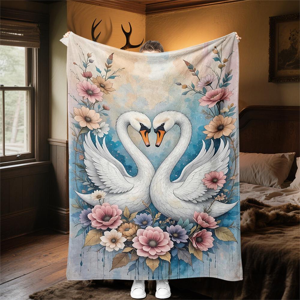 1pc Swans Flowers Outdoor Flannel Blanket Soft Warm All-Season Throw for Sofa Bed Car Camping Office, Cozy Gift Idea1134S