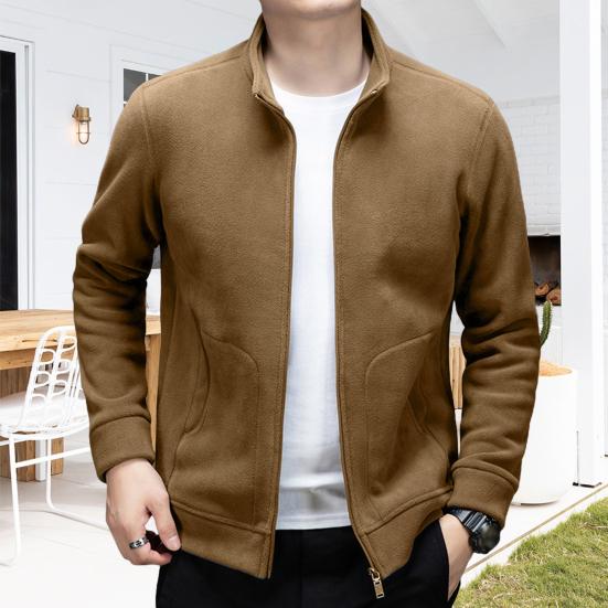 Мужское весенне-осеннее пальто с карманами, однотонное, с воротником-стойкой, длинными рукавами, застегивающееся на молнию, куртка средней длины, теплая флисовая верхняя одежда