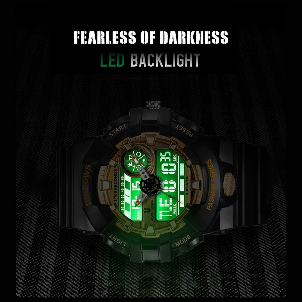 PINDOWS Military Watch Outdoor Sports Electronic Date Multifunction LED Alarm 50 Meter Water Resistant Analog Digital Display Watch Men's Watch, Men's