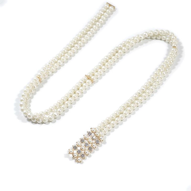 Meier Women's waist chain pearl elastic belt rhinestone inlaid buckle thin belt
