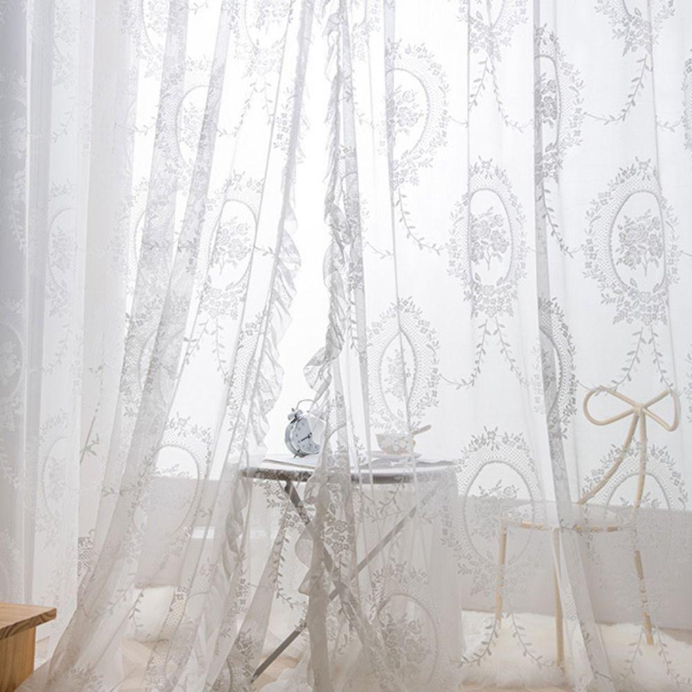 2 Pcs Retro Gauze Curtain Ruffled Edge Voile Curtain Home Decor French Lace Floral Curtain  Bedroom