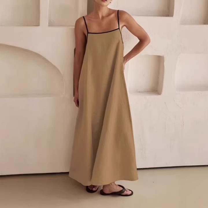 A-shaped pendulum silhouette minimalist holiday skirt, solid color loose suspender cotton and linen long dress