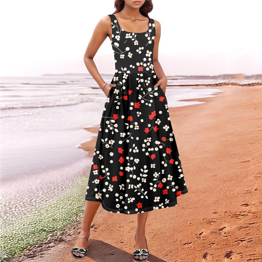 Women's Summer Spring Casual Floral Sundress Sleeveless Beach Vacation Flowy Boho Tank Midi Dresses