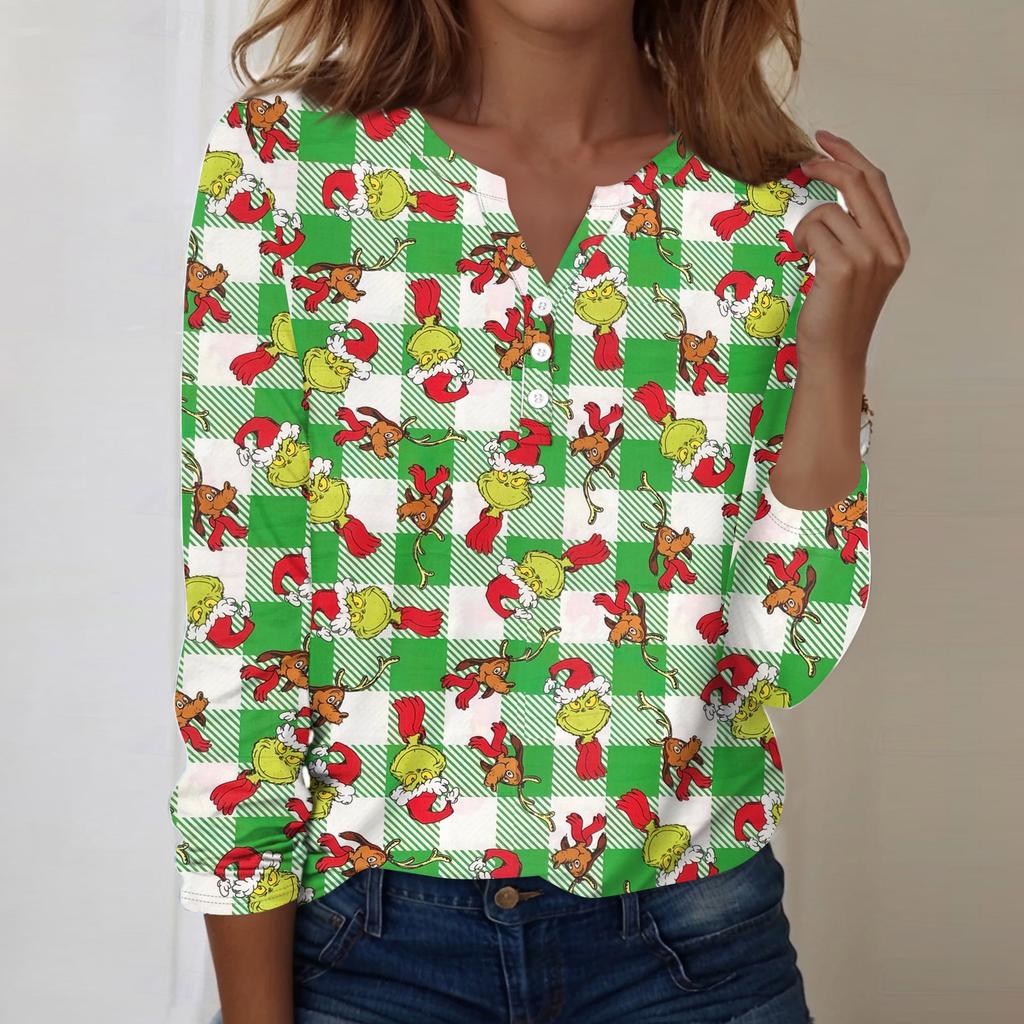 Women's Fashion Casual V-Neck Long Sleeve Decorative Button Christmas Print Top