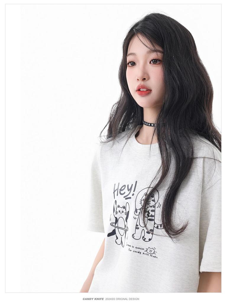 Унисекс Летний Тренд Хлопковая Футболка с Принтом Кота, Со Спущенным Плечом, Свободного Кроя