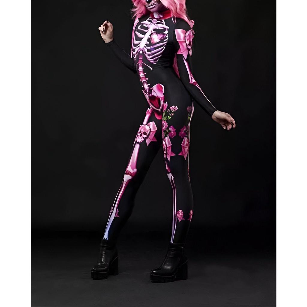 Дышащая ткань Женский костюм скелета на Хэллоуин для удобной посадки