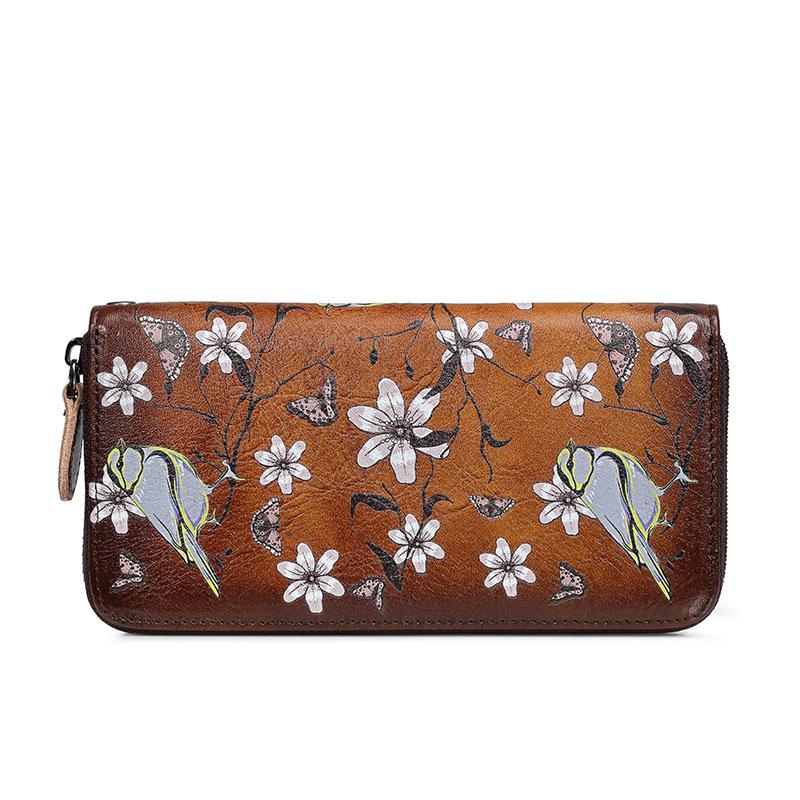 Johnature Retro Hand Painted Womens Wallets And Purses Genuine Leather Phone Purse Wallet Card Holder Hand Wallet