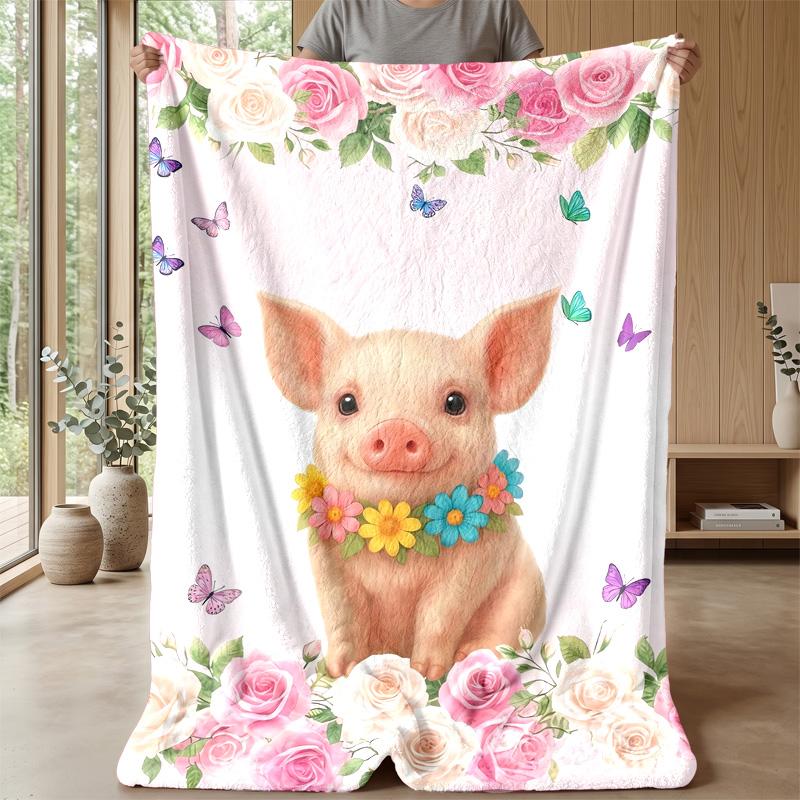 Pig with Flower Necklace Among Butterflies and Roses Theme blanket Lightweight Warm Flannel Blanket Decorative Throw Blanket for Home Decoration