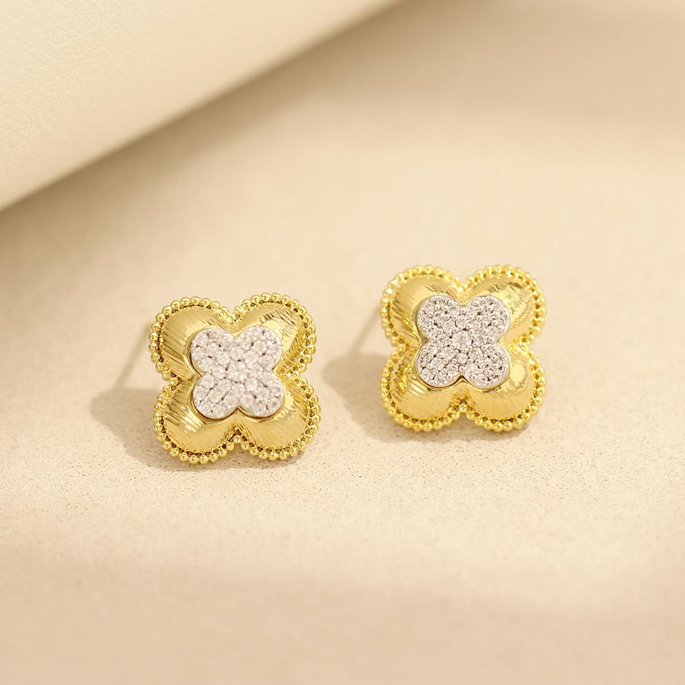 European and American niche two-color gold electroplated earrings exquisite micro-inlaid zircon leaf earrings 925 silver needle earrings women's acces