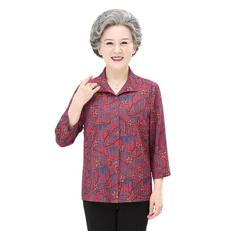Nine-Sleeve Floral Mulberry Silk Shirt for Women - Elegant Lapel Top for Middle-Aged and Elderly Moms