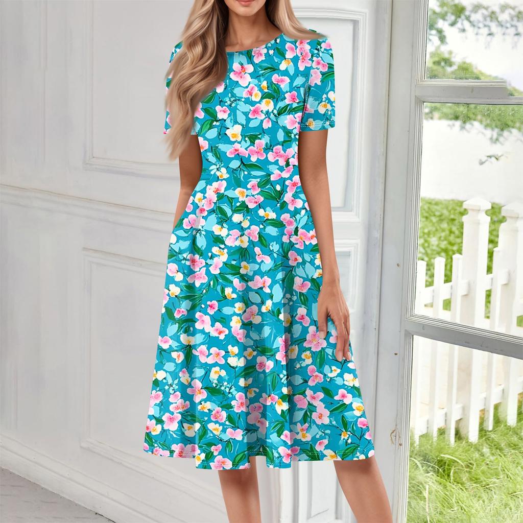 Женское свободное повседневное и модное платье с круглым вырезом и короткими рукавами, средней длины с принтом